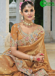 Orange Color Silk Traditional Resham, Embroidered Khatli Work Saree